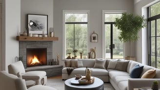 The image features modern architectural design with multiple levels of wooden slatted panels forming a staircase. The interior is spacious with large windows allowing natural light to illuminate the area. The wooden textures create a warm atmosphere, and the open layout presents a clean, minimalist style.
