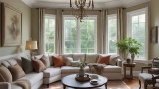 An elegant interior featuring a luxurious hallway. The space is adorned with gold and dark accents, with tall curtains and polished floors. Plants add a touch of greenery, and modern seating surrounds a glass-topped table in the foreground. A central round table, partially obscured, displays decorative items, while ambient lighting complements the sophisticated atmosphere.