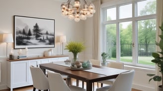 An elegant interior space featuring a modern staircase with marble steps. The area includes an arrangement of potted plants and small trees set among rocks, creating a serene garden-like atmosphere. Natural light streams in through large windows, highlighting the clean lines and sophisticated design.