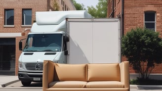 A large moving truck is parked on a residential street in front of a house with beige siding and white garage door. The truck is branded with 'Los Angeles Transfer And Storage,' featuring contact information and graphics of a city skyline. The sky is overcast, and the street is empty.