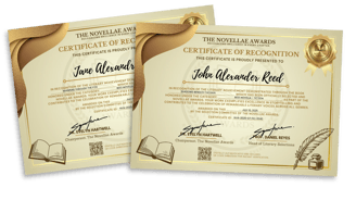 Novellae Awards certificates sample honoring Jane Alexander and John Alexander Reed for outstanding literary work.