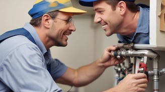 A room under renovation with unfinished walls and windows. A person is working on the floor, surrounded by construction materials including paint buckets, wooden planks, and plastic sheets. Sunlight streams in through the large windows, casting shadows on the partially plastered walls.