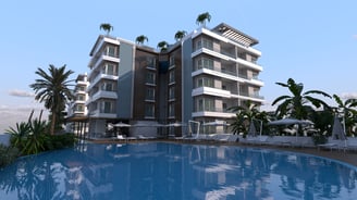 a large swimming pool with a view of a hotel