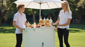 A colorful ice cream cart is adorned with vibrant text and decorative designs. The cart has a striking yellow color with red and blue accents, featuring large wheels and stainless steel lids on top. The words 'Supreme Ice Cream' and various contact numbers are prominently displayed, along with the phrase 'Accept Order Any Occasion'. The phrase 'In God We Trust' is also visible on the cart.