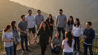 Young adults (25–40) bonding at a scenic spot, welcoming a solo traveler.