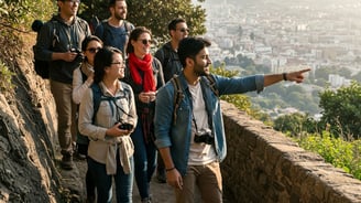 Group of 25–40 year olds exploring together, curious and connected in a scenic location.