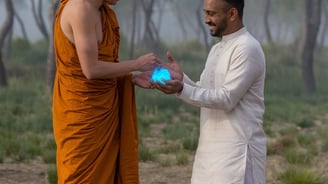 monk and blue stone in the field feeling happy