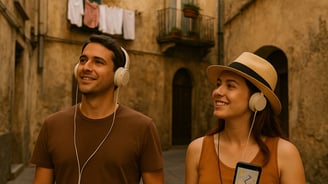 young couple walking through a sunlit alley in Cagliari, wearing headphones and smiling as they fol