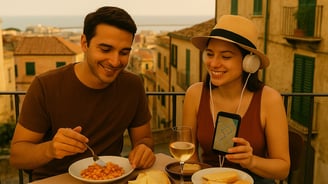 A young couple enjoying a traditional Sardinian meal at an outdoor restaurant in Cagliarii