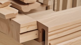 A partially assembled wooden furniture piece rests on a workshop table, surrounded by wood shavings. The background is a blurred view of a workshop, with shelves and tools visible.