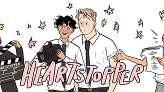 Graphic Novel Nick and Charlie looking at a camera with leaves surrounding them.