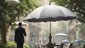 A large outdoor umbrella with a logo and text, positioned in a park setting. The umbrella has a blue canopy with white text and is supported by a central pole anchored in a red circular base. Trees and a paved walkway are visible in the background.