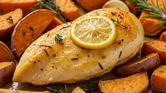 Roasted chicken breast with lemon and sweet potato wedges.