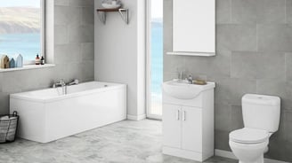 a bathroom with a large window and a sink