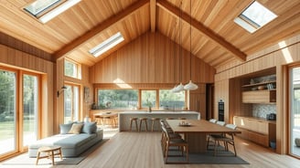 a large open living room with a wooden ceiling