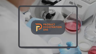 Product Registration UAE Logo with cosmetics and bottles laboratory background