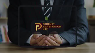Product Registration UAE Logo with sustainable plant on hand palm background