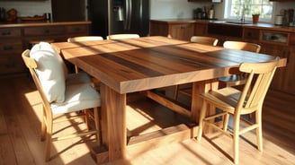 A rustic farmhouse table made of reclaimed wood, featuring a sturdy design with a smooth finish, surrounded by comfortable.