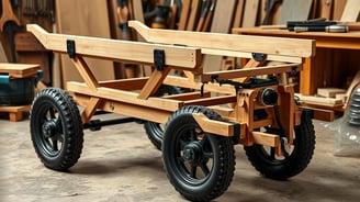 Handcart base structure, featuring a sturdy wooden frame with reinforced joints, large durable wheels, and a compact design.