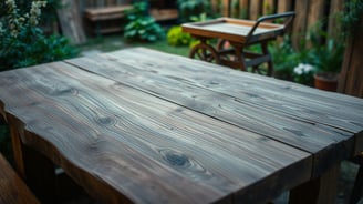 Rustic wooden table with a natural finish, showcasing intricate grain patterns, surrounded by greenery, soft lighting.