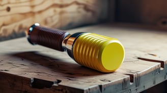 A high-quality photo of a rubber mallet on a wooden workbench, showcasing its non-marring head and ergonomic handle design.