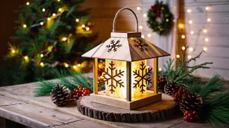 Handcrafted wooden Christmas lantern glowing with warm LED lights,