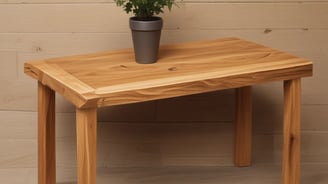 A partially assembled wooden furniture piece rests on a workshop table, surrounded by wood shavings. The background is a blurred view of a workshop, with shelves and tools visible.