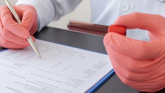 a doctor's hands holding a pen and writing on a paper