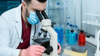 a man in a lab coat and a mask on
