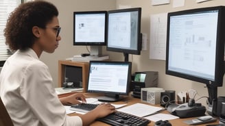 A woman is seated at a desk utilizing her computer to complete an online notarization.