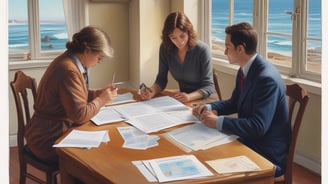 A man is seated at a table at a beach house reviewing documents with women prior to notarization.