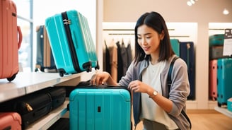 a woman in a white shirt and a suitcase