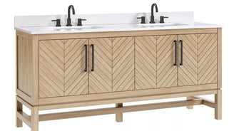 a bathroom vanity with two sinks and a white counter top