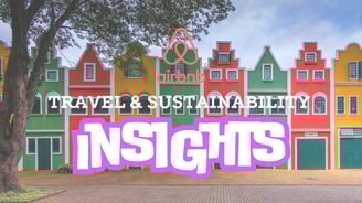 The words travel and sustainability written and the colorful buildings in the background