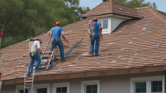 A person wearing a wide-brimmed straw hat is working on repairing or inspecting a roof made up of traditional grey tiles. The roof tiles are arranged in an overlapping pattern and show various shades of grey, with patches of moss or discoloration.