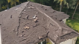 A roof covered with uniform, dark-colored tiles featuring a single red metal vent pipe protruding from the surface. Some tiles around the pipe are missing or displaced, revealing the underlying structure.