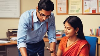 A professional consultation setting with a medical professional sitting at a desk facing a client. The room has a modern aesthetic with white walls decorated with framed certificates. The desk is organized with office supplies, a laptop, and a fruit bowl in the center.