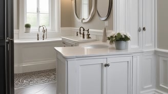 A kitchen with brown cabinets and a stainless steel sink under a large window. There is a glass-fronted cabinet above the counter, and the walls have a yellowish tone with some patterned tiles.