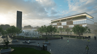 a rendering of an office building and public transit square in California