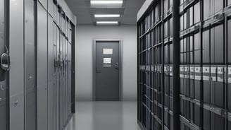 A security post with large glass windows under a slanted roof. The building is primarily grey with prominent red accents. In the background, there are lush green trees and overcast skies, suggesting a cloudy day. The post has 'POS SECURITY 02' written on it.