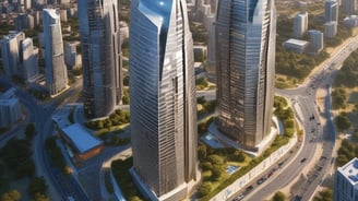 A view of an urban infrastructure featuring a pedestrian bridge covered with protective awnings. Barbed wire and metal fences are in the foreground, suggesting a secure or restricted area. The background shows a modern building with large glass windows.