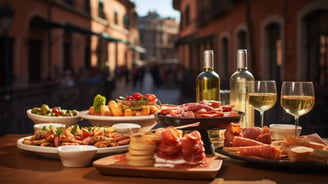 a spread of authentic Spanish cuisine served al fresco in Barcelona, Spain