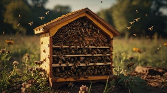 a beehive with bees in the background