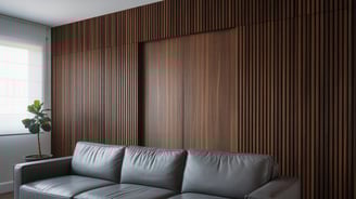 a couch with a wooden paneled wall and a planter