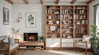 a living room with a bookshelf