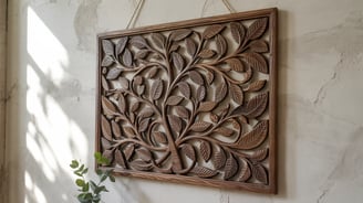 a decorative wooden wall hanging on a wall