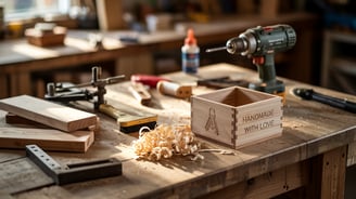 a woodwork workshop with a bunch of tools on a table and pieces of wood