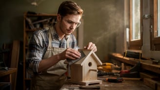 a man in an apron making a birdhouse