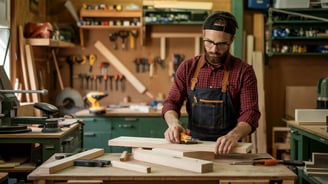a man in overalls using a planer