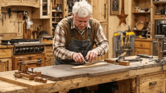 a man in overalls in a woodenworking knife, and a